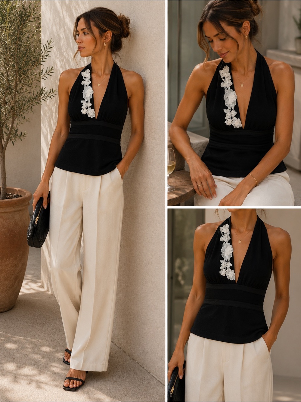 Annex Y2K Black Halter Top with White Floral Detail